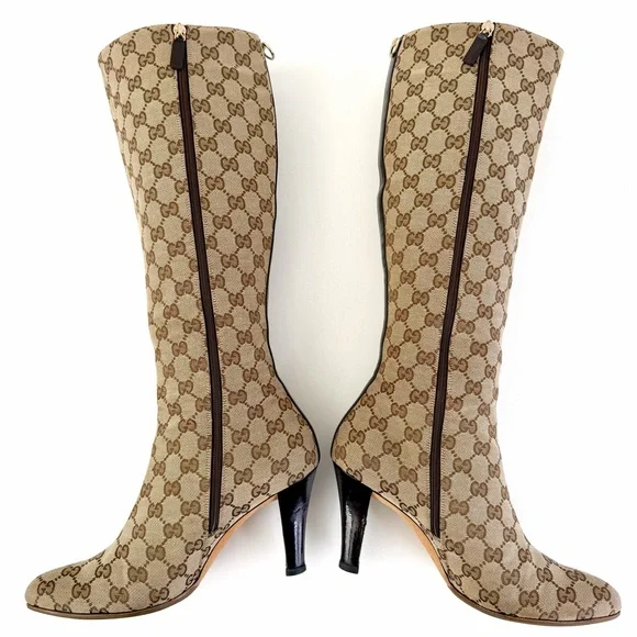 GUCCI || Vintage GG Canvas Knee High Heeled Boots Brown Monogram US 8.5 - Picture 3 of 16